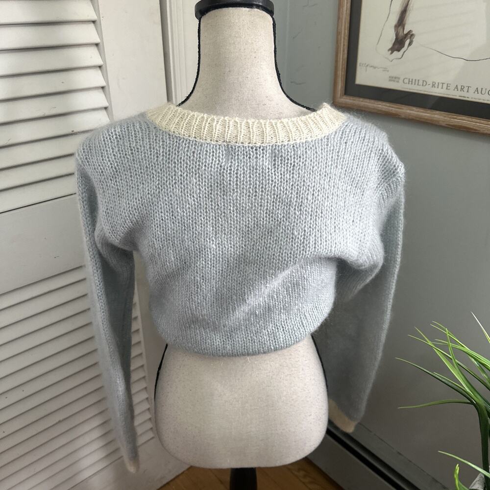 Vintage XOXO Sweater Womens Medium Blue Cropped Wool Mohair Cardigan Soft Girl - Picture 4 of 7